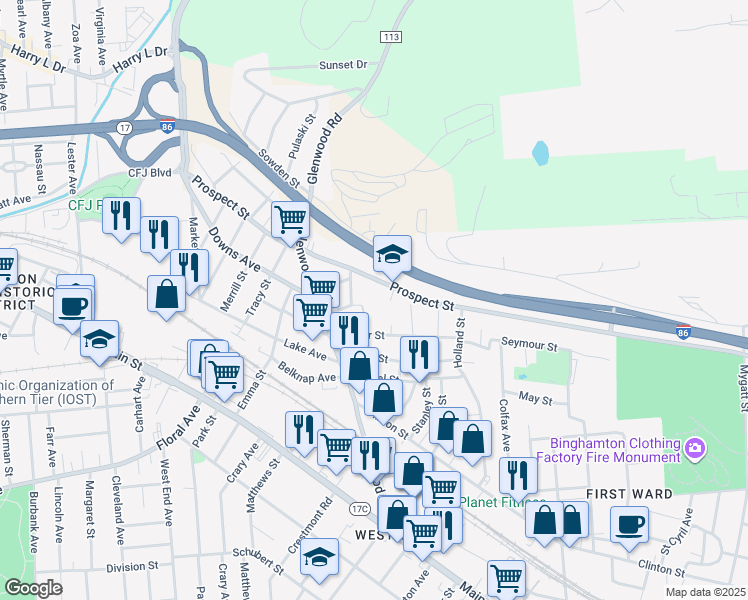 map of restaurants, bars, coffee shops, grocery stores, and more near 289 Prospect St in Binghamton