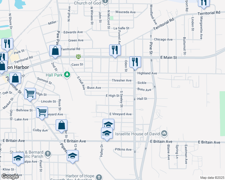 map of restaurants, bars, coffee shops, grocery stores, and more near 215 South McCord Street in Benton Harbor