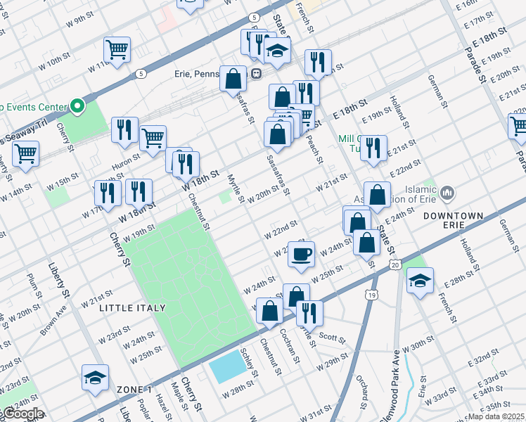 map of restaurants, bars, coffee shops, grocery stores, and more near 246 West 21st Street in Erie