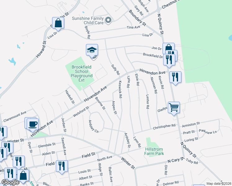 map of restaurants, bars, coffee shops, grocery stores, and more near 180 Keswick Road in Brockton