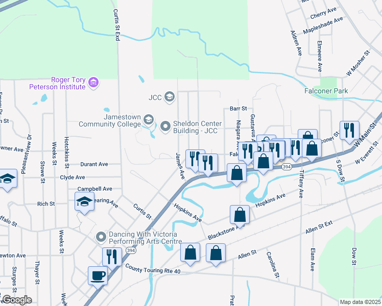 map of restaurants, bars, coffee shops, grocery stores, and more near 565 Falconer Street in Jamestown