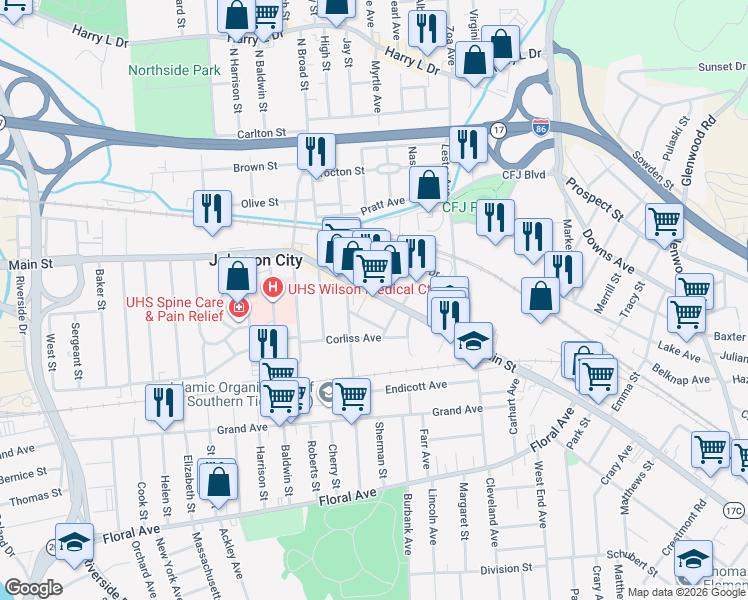 map of restaurants, bars, coffee shops, grocery stores, and more near 23 Lewis Street in Johnson City