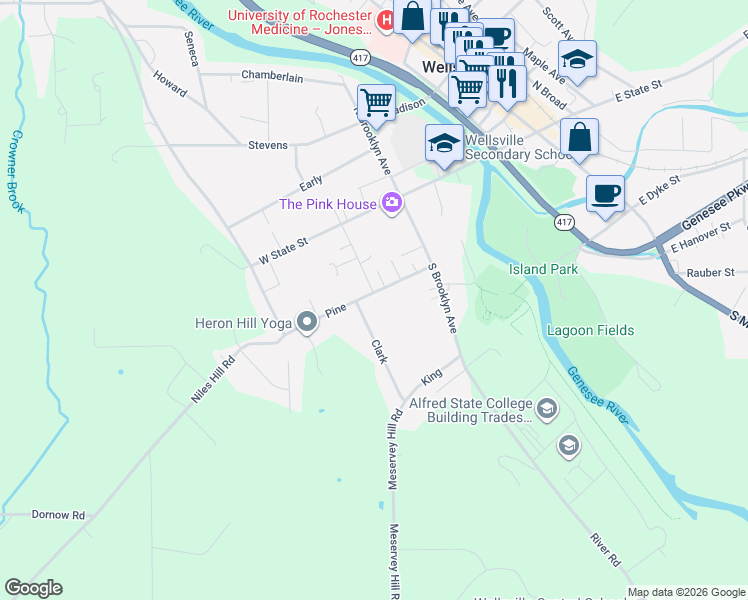 map of restaurants, bars, coffee shops, grocery stores, and more near 79 Pine in Wellsville