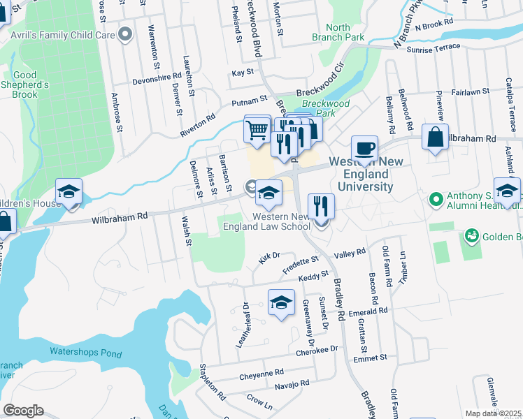 map of restaurants, bars, coffee shops, grocery stores, and more near 1015 Wilbraham Road in Springfield