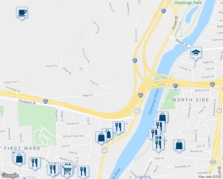 map of restaurants, bars, coffee shops, grocery stores, and more near 3 Conti Court in Binghamton