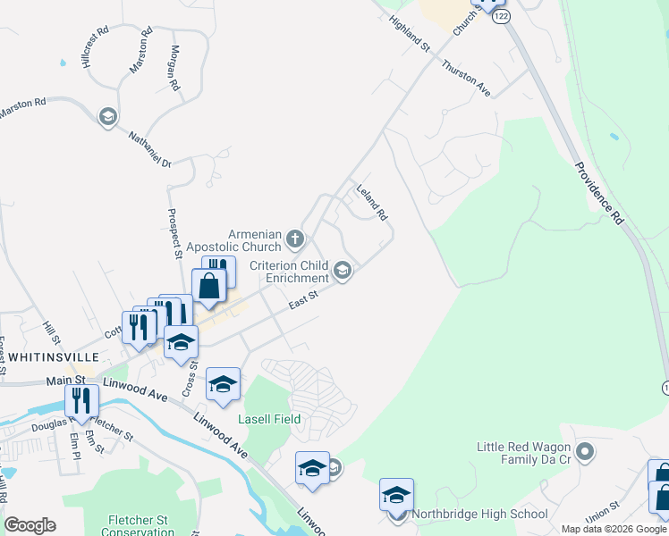 map of restaurants, bars, coffee shops, grocery stores, and more near 143 East Street in Northbridge