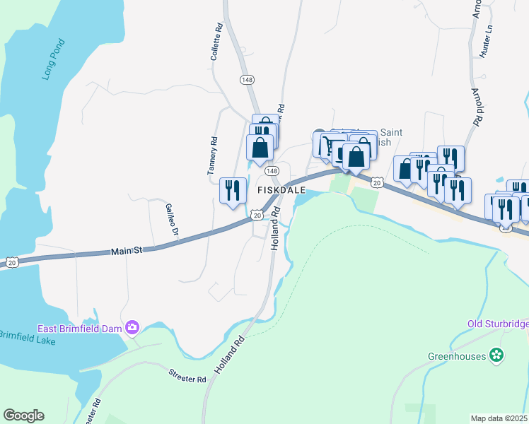 map of restaurants, bars, coffee shops, grocery stores, and more near 1 Commonwealth Avenue in Sturbridge