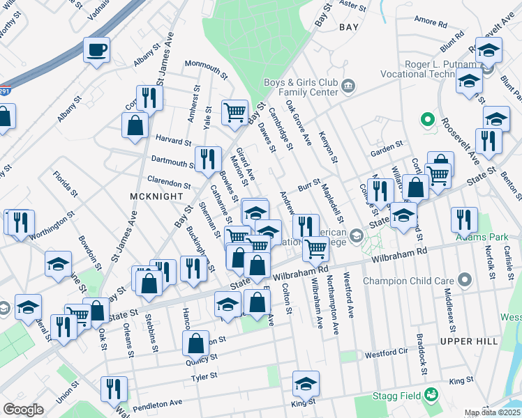 map of restaurants, bars, coffee shops, grocery stores, and more near 91 Marion Street in Springfield