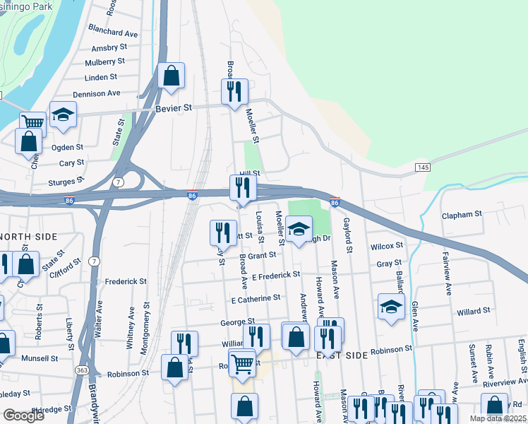 map of restaurants, bars, coffee shops, grocery stores, and more near 86 Louisa St in Binghamton