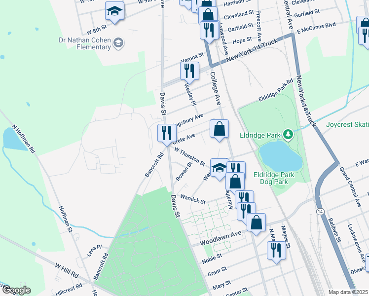 map of restaurants, bars, coffee shops, grocery stores, and more near 451 West Thurston Street in Elmira