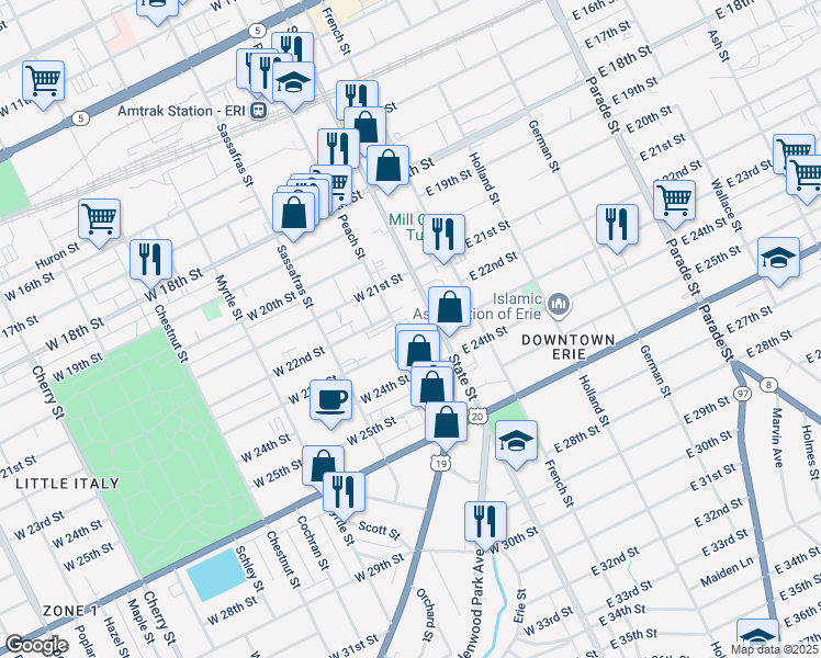 map of restaurants, bars, coffee shops, grocery stores, and more near 2303 Peach Street in Erie