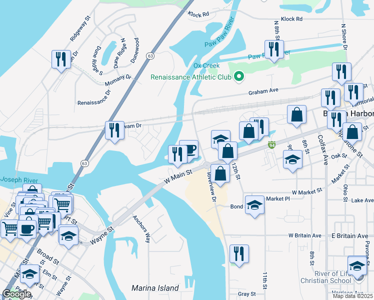 map of restaurants, bars, coffee shops, grocery stores, and more near 589 West Main Street in Benton Harbor