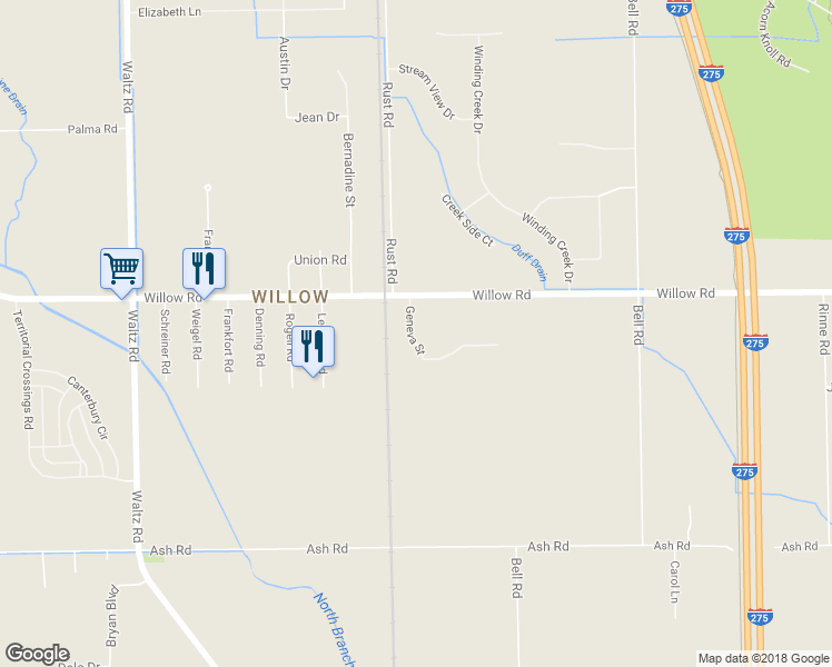 map of restaurants, bars, coffee shops, grocery stores, and more near 26105 Geneva Street in Huron Charter Township