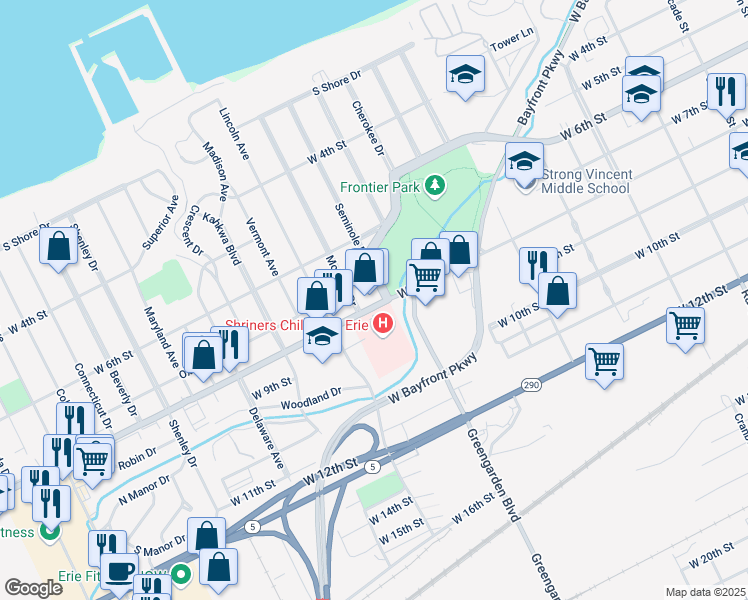 map of restaurants, bars, coffee shops, grocery stores, and more near 1645 W 8th St in Erie