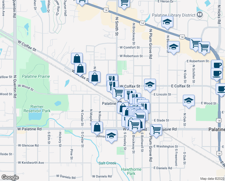 map of restaurants, bars, coffee shops, grocery stores, and more near 220 North Smith Street in Palatine