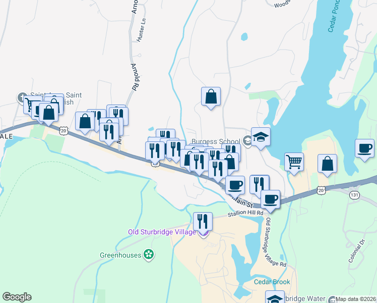 map of restaurants, bars, coffee shops, grocery stores, and more near 11 Snell Street in Sturbridge