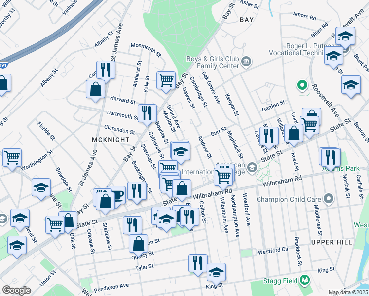 map of restaurants, bars, coffee shops, grocery stores, and more near 91 Marion Street in Springfield