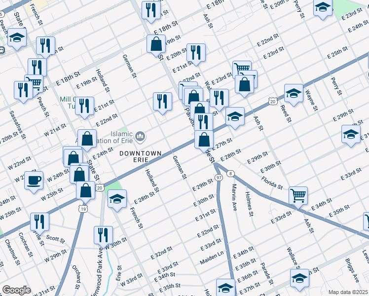 map of restaurants, bars, coffee shops, grocery stores, and more near 329 East 26th Street in Erie