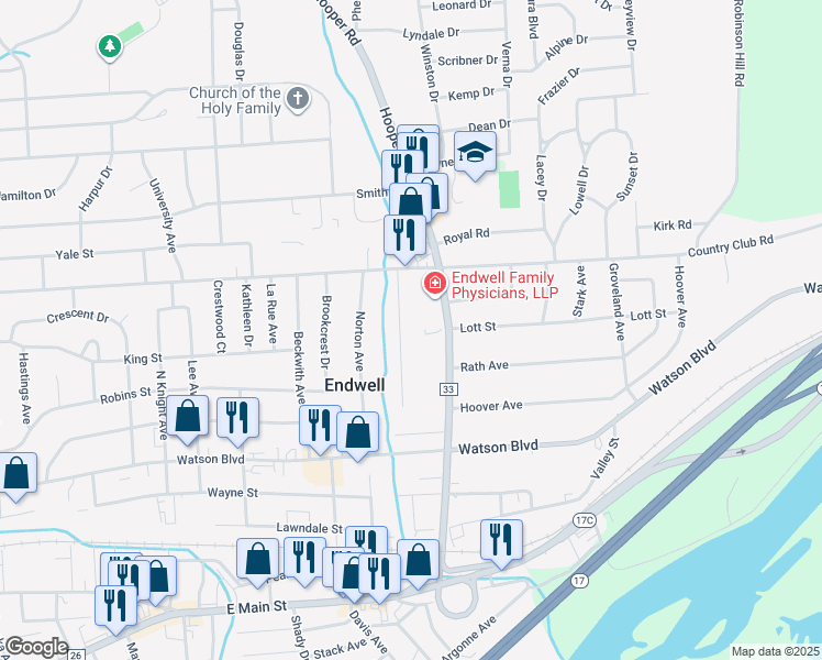 map of restaurants, bars, coffee shops, grocery stores, and more near 326 Doyleson Avenue in Endicott