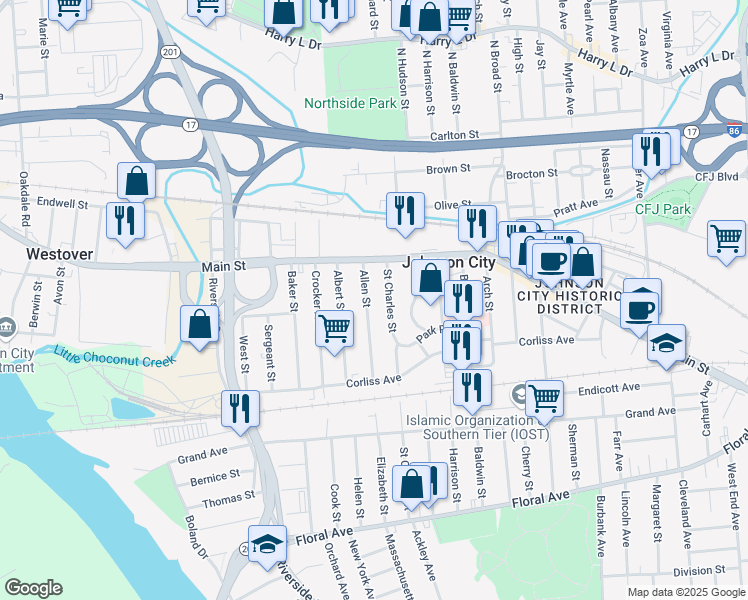 map of restaurants, bars, coffee shops, grocery stores, and more near 39 Allen Street in Johnson City