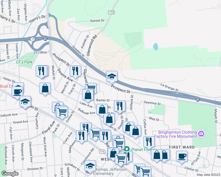 map of restaurants, bars, coffee shops, grocery stores, and more near 287 Prospect Street in Binghamton