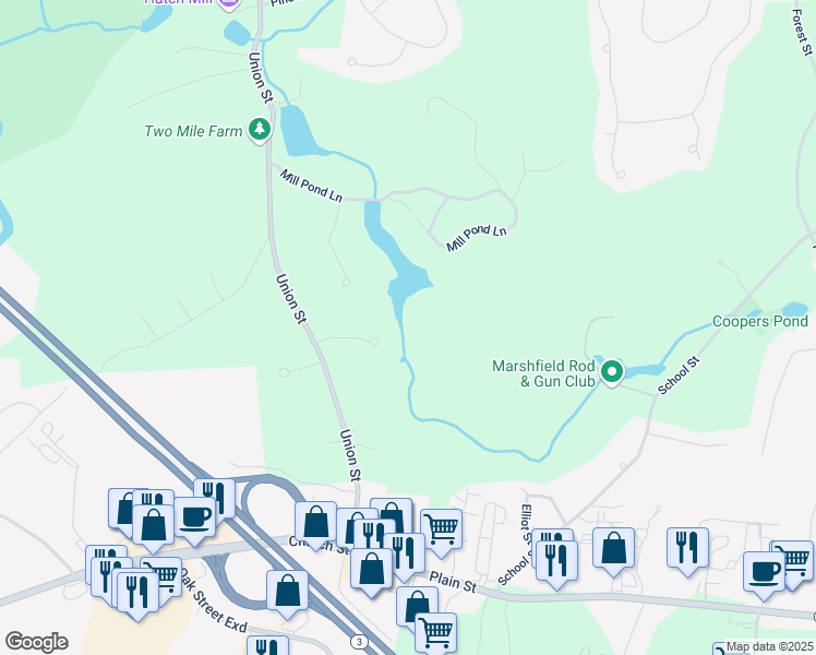 map of restaurants, bars, coffee shops, grocery stores, and more near 61 Chowdermarch Street in Marshfield