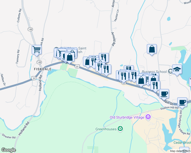 map of restaurants, bars, coffee shops, grocery stores, and more near 489 U.S. 20 in Sturbridge