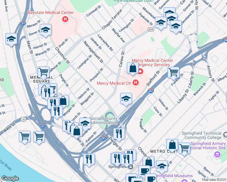 map of restaurants, bars, coffee shops, grocery stores, and more near 209 Carew Street in Springfield