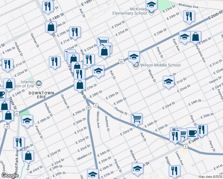 map of restaurants, bars, coffee shops, grocery stores, and more near 545-549 East 29th Street in Erie