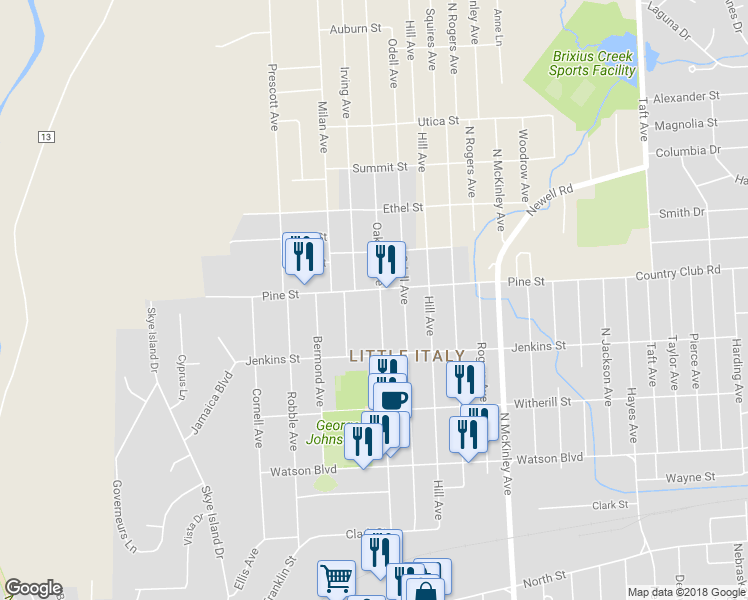 map of restaurants, bars, coffee shops, grocery stores, and more near 327 Oak Hill Avenue in Endicott