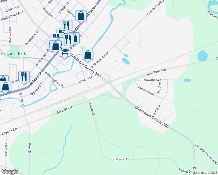 map of restaurants, bars, coffee shops, grocery stores, and more near 2 Allen Street in Falconer