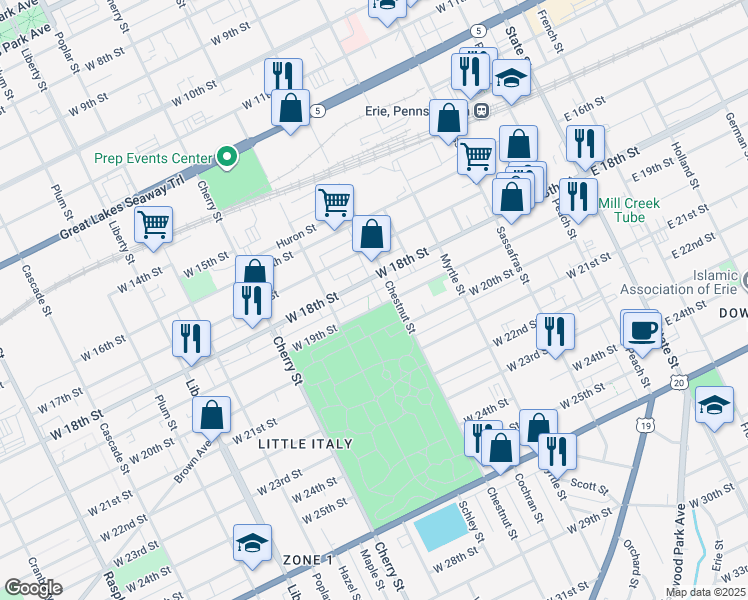 map of restaurants, bars, coffee shops, grocery stores, and more near 401-429 W 19th St in Erie