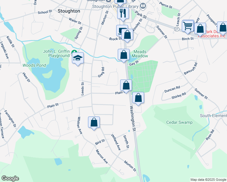 map of restaurants, bars, coffee shops, grocery stores, and more near 68 Plain Street in Stoughton