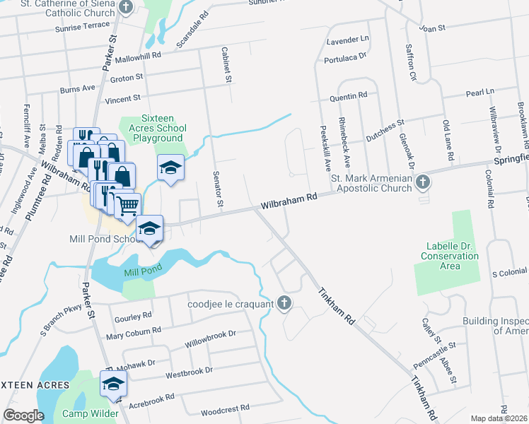 map of restaurants, bars, coffee shops, grocery stores, and more near 1 Tinkham Road in Springfield