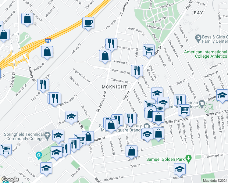 map of restaurants, bars, coffee shops, grocery stores, and more near 129 Thompson Street in Springfield
