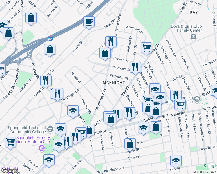 map of restaurants, bars, coffee shops, grocery stores, and more near 129 Thompson Street in Springfield