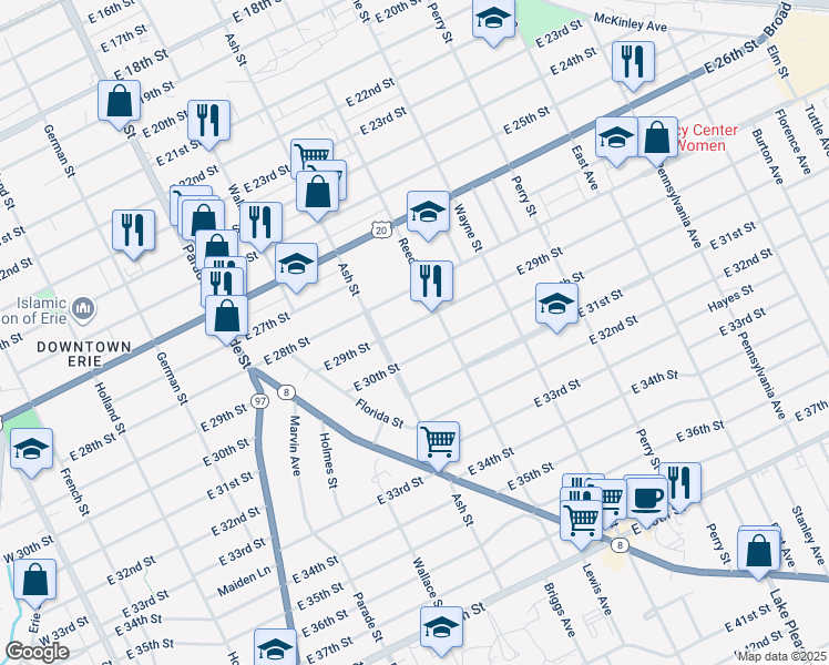 map of restaurants, bars, coffee shops, grocery stores, and more near 2911 Ash Street in Erie