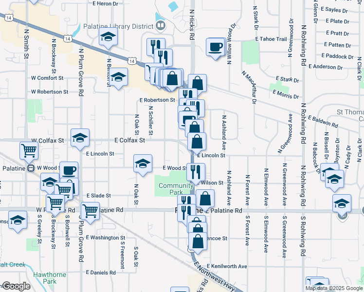 map of restaurants, bars, coffee shops, grocery stores, and more near 161 North Schubert Street in Palatine