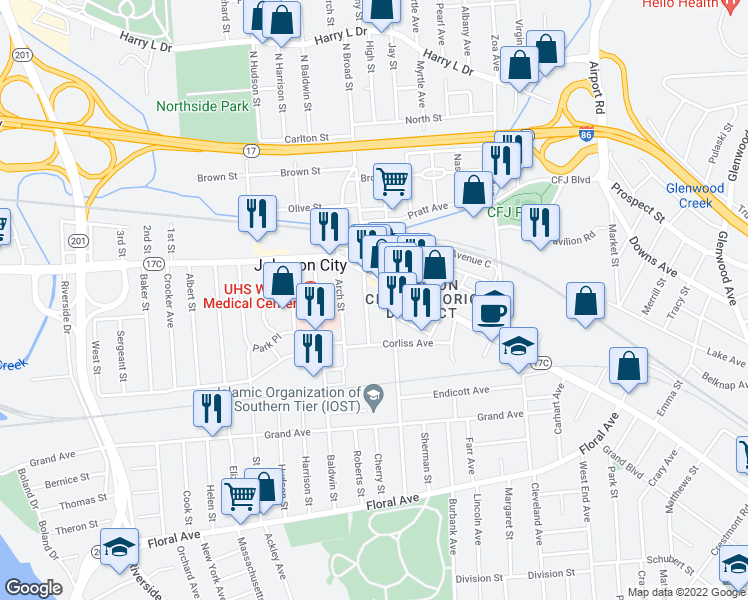 map of restaurants, bars, coffee shops, grocery stores, and more near 31 Broad Street in Johnson City