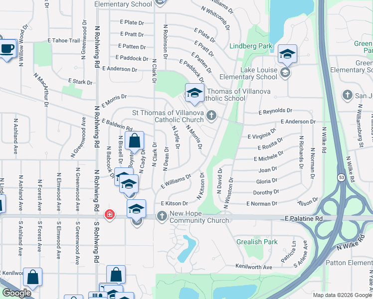 map of restaurants, bars, coffee shops, grocery stores, and more near 205 North Lytle Drive in Palatine
