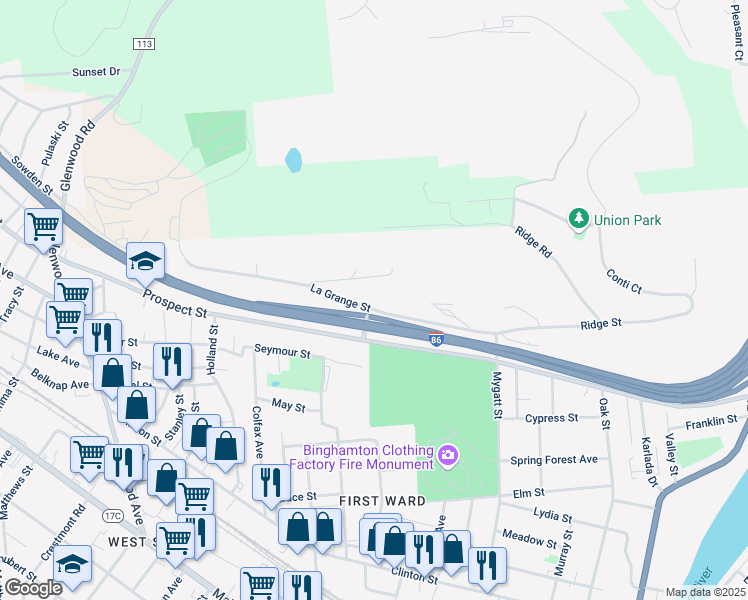map of restaurants, bars, coffee shops, grocery stores, and more near 11-51 La Grange Street in Binghamton