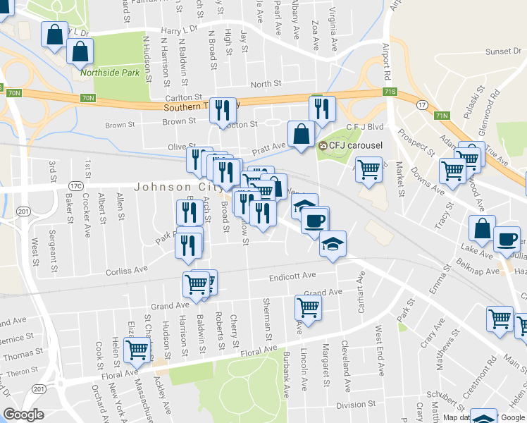 map of restaurants, bars, coffee shops, grocery stores, and more near 197 Main Street in Johnson City