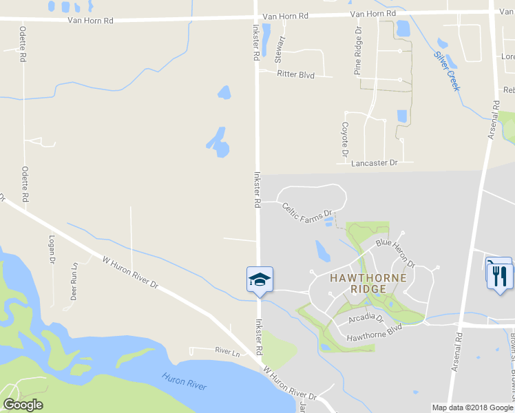 map of restaurants, bars, coffee shops, grocery stores, and more near 26511 Inkster Road in Flat Rock