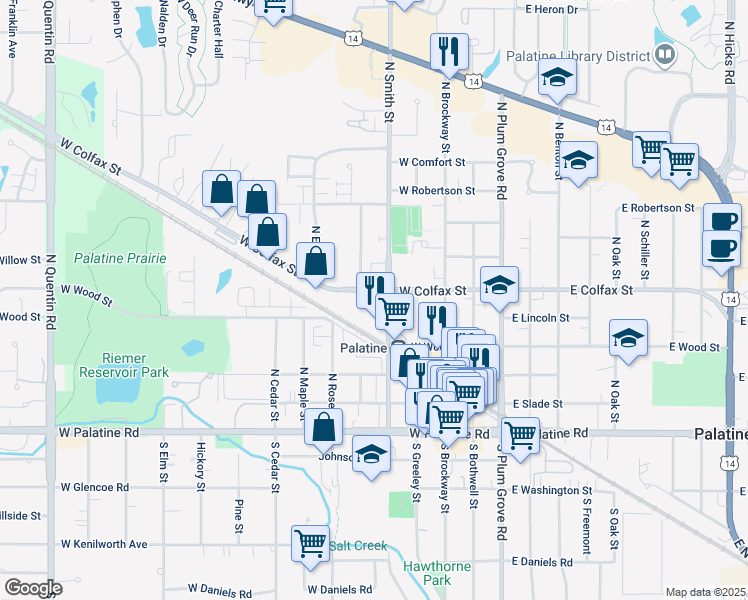 map of restaurants, bars, coffee shops, grocery stores, and more near 220 North Smith Street in Palatine