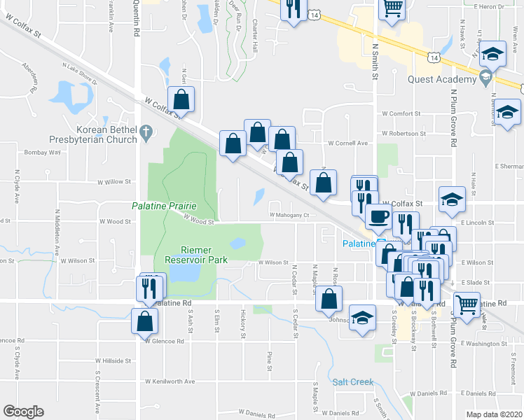 map of restaurants, bars, coffee shops, grocery stores, and more near 488 West Wood Street in Palatine