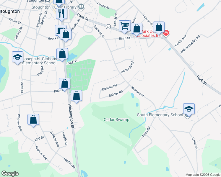 map of restaurants, bars, coffee shops, grocery stores, and more near 77 Shirley Road in Stoughton