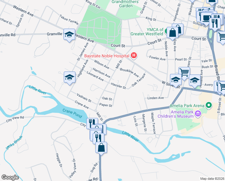 map of restaurants, bars, coffee shops, grocery stores, and more near 7 Oak Street in Westfield