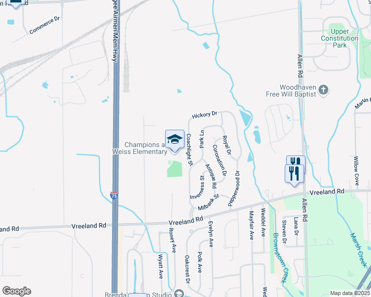map of restaurants, bars, coffee shops, grocery stores, and more near 26791 Coachlight Street in Trenton