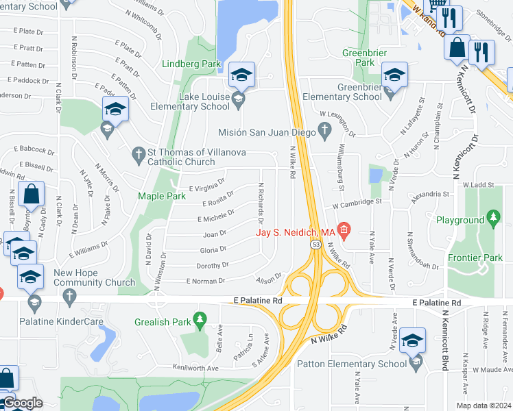 map of restaurants, bars, coffee shops, grocery stores, and more near 1505 East Michele Drive in Palatine