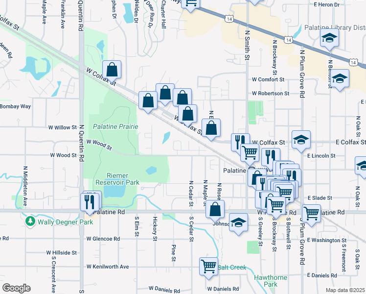 map of restaurants, bars, coffee shops, grocery stores, and more near 432 West Wood Street in Palatine